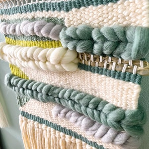 FOGGY: Medium woven wall hanging in various shades of green, blue and white grey roving. Made to Order Weaving image 4