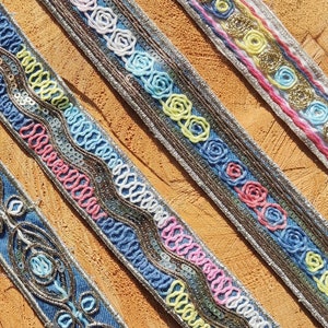Embroidered Denim Ribbon Trim: Sequin Metallic Multicoloured Embroidery Border - Sold by the Yard