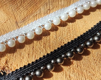 Bordo stretto con perline da 1 metro, larghezza 1 cm, nero o bianco