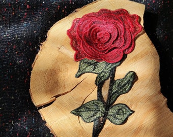 Gran aplique bordado de rosa de tallo rojo 3D/motivo en capas- 35*14cm- Coser en parche-ropa/chaqueta/bolsa DIY Craft