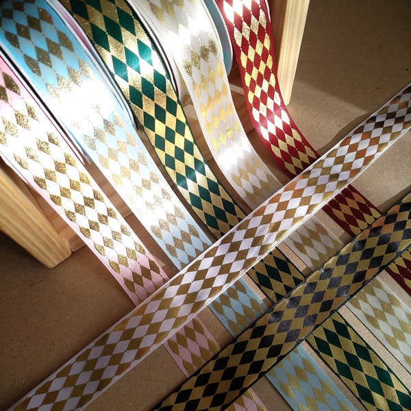 1yd -Fine print Harlequin/Jester/Diamond Check Gold printed Ribbon 2.5cm- Unwired - Craft DIY