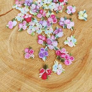 25pc Tiny Embroidered Flower Sew on Applique- Small Multicolored Floral Motif- For Doll Clothes, Junk Journal, Scrapbooking