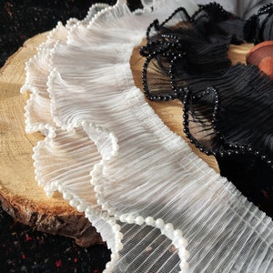Pleated Tulle Trim Beaded with Faux Pearls- 9cm wide Double Layer Stretchy Wavy Edging- For Bridal gown, Dressmaking, Costume DIY