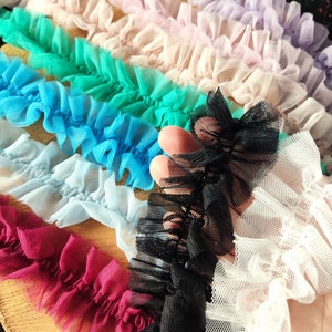 Double Layer Tulle Ruffle Trim with Scrunched Middle: 5cm Frilly Edging