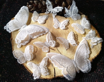 White Butterfly Bridal Lace Applique -Sew on Embroidered Organza Patch- Double layered Motif -Veil Embellishment, Wedding Dress DIY -Dili43