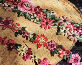 1 mètre - garniture de fleurs brodées de couleur vive/dentelle florale-couture bricolage