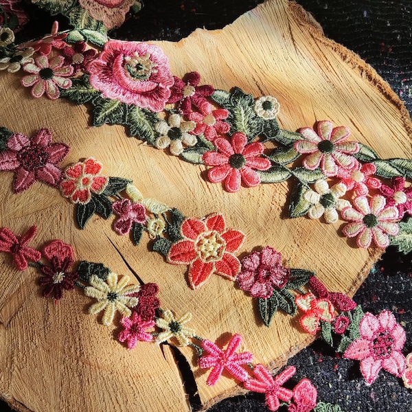 1 Yard- Kräftige Farbe bestickte Blumenborte / florale Spitze - DIY Nähen