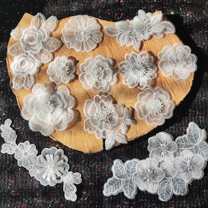 White Flower Bridal Lace Organza Sew on Applique -Embroidered Rose Motif with Sequin-Embellishment for Veil DIY, Wedding Dress decoration