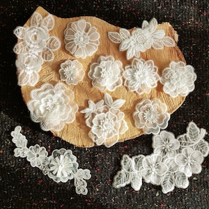 White Flower Sew on Lace Organza Appliqué - Layered Rose Embroidery Sequined Motif Patch -DIY Bridal Dress