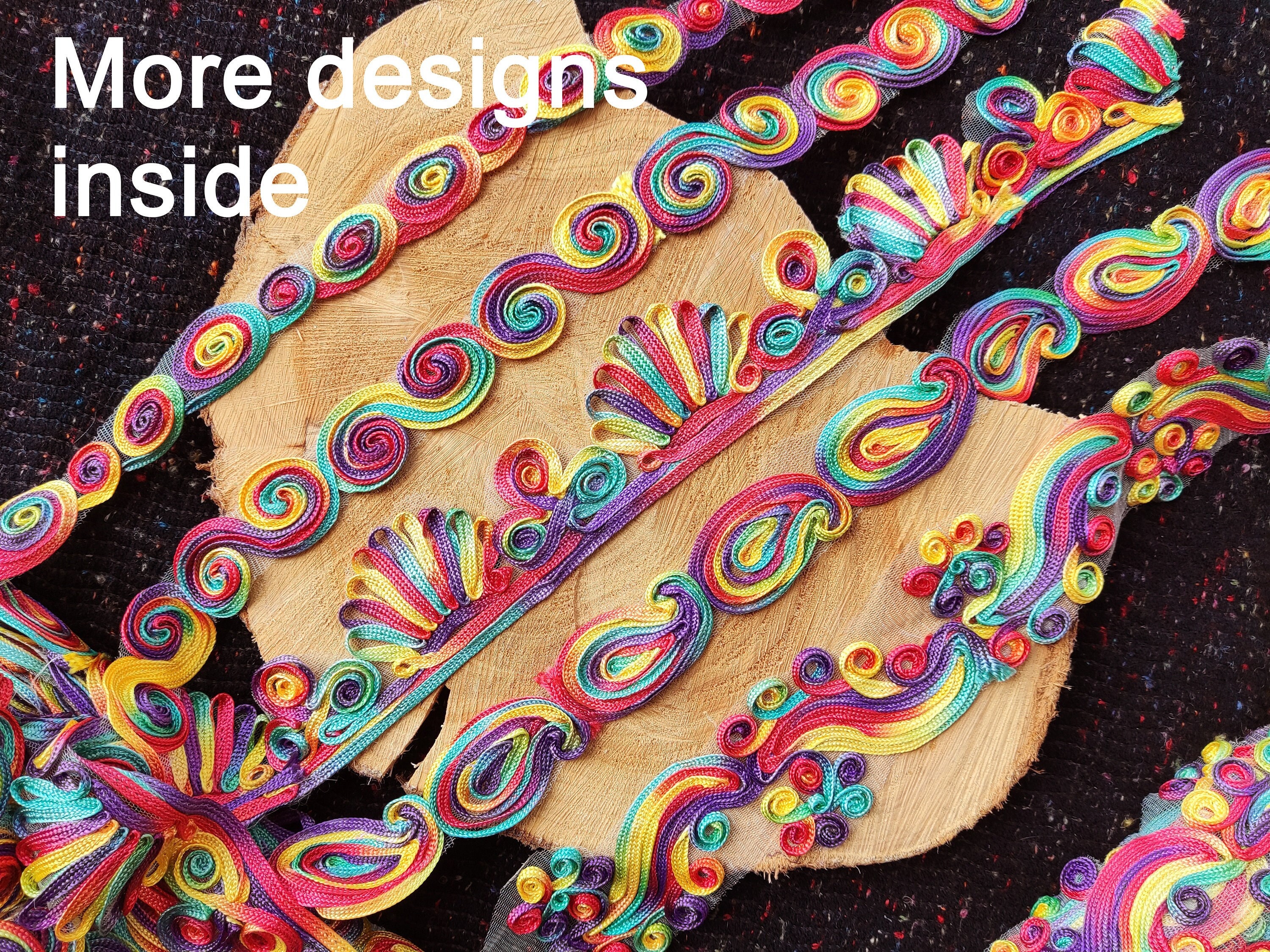 Passamaneria intrecciata con spirale arcobaleno audace - Bordatura per scarpe con lacci floreali in stile boho - tagliata su misura - Costumi fai da te, decorazioni per festival, decorazioni per tappezzeria