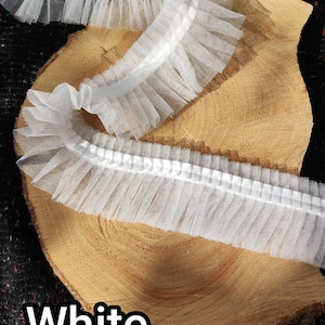 Pleated Tulle Ruffle Trim with Satin Ribbon Border: Ruffled Mesh Fabric Lace Trimming by the Yard, Balletcore Tutu Edging, Doll Dress Sewing White
