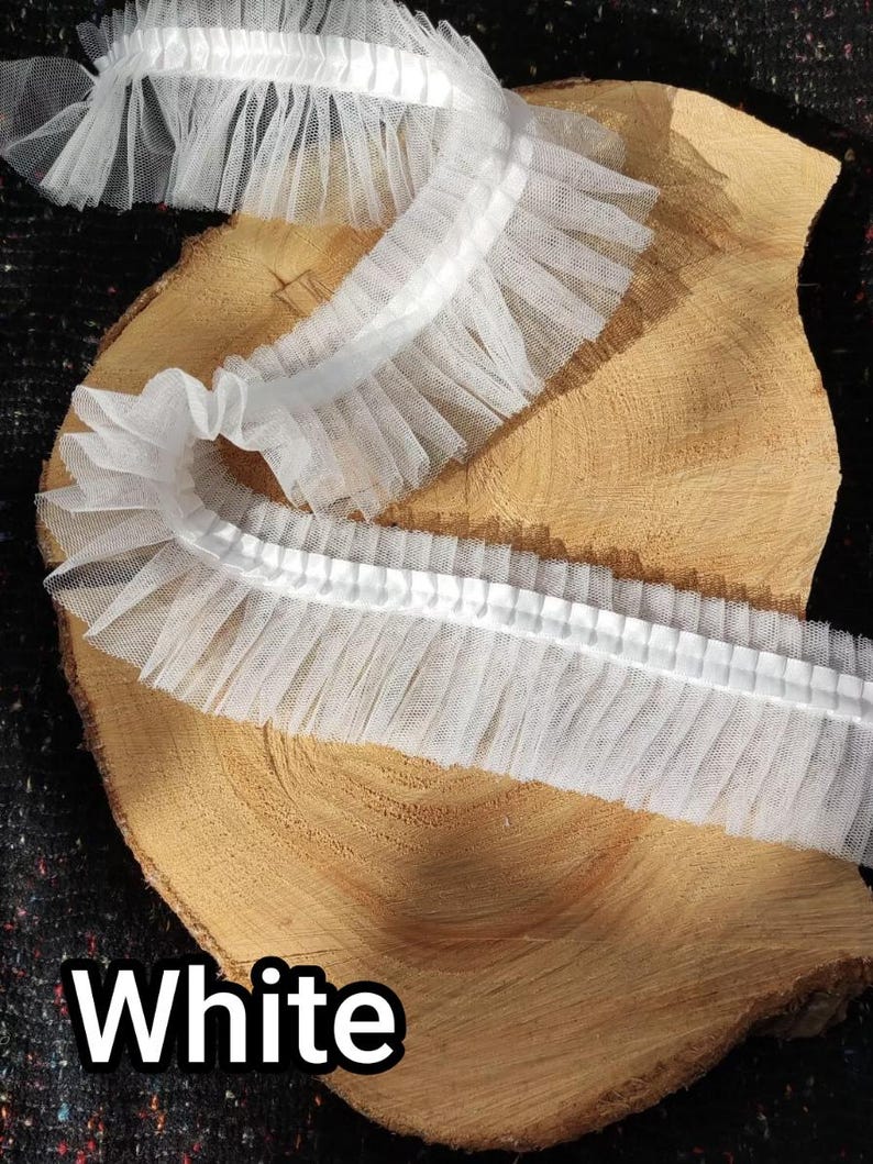 Pleated Tulle Ruffle Trim with Satin Ribbon Border: Ruffled Mesh Fabric Lace Trimming by the Yard, Balletcore Tutu Edging, Doll Dress Sewing White