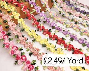 Embroidered Floral Lace Trim by the Yard -2cm Rose Flower Ribbon for Sewing, Dolls