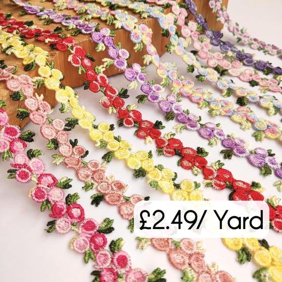 Embroidered Floral Lace Trim by the Yard -2cm Rose Flower Ribbon for Sewing, Dolls