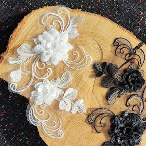 Rose Swirl Sequined Bridal Applique: White Organza Sew on Patch