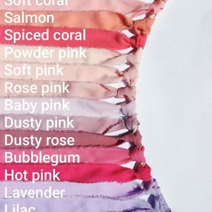 Puede incluir: Una colecci&oacute;n de cintas de tela en varios tonos, incluyendo melocot&oacute;n, coral suave, salm&oacute;n, coral especiado, rosa empolvado, rosa suave, rosa, rosa beb&eacute;, rosa polvoriento, rosa viejo, chicle, rosa fuerte, lavanda, lila y magenta, atadas a una cuerda.