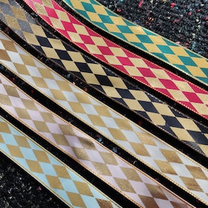 Bold Diamond Print Satin Ribbon with Gold Edge- Per yard -25mm Width Harlequin Printed Craft Ribbon