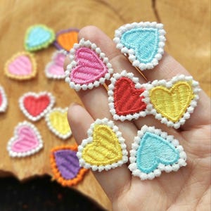 Embroidered Heart Patch Applique: Small Embroidery Hearts for Crafting | Tiny Sew On Love Hearts | Beaded Edge Colourful Fabric Heart Motifs