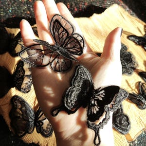 Peut inclure: Gros plan sur des appliques papillon noires avec des détails de dentelle complexes. Les papillons ont des ailes transparentes et sont présentés sur une surface en bois. Idéal pour les projets de bricolage et de décoration.