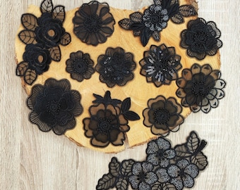 Black Flower Lace Appliqué: Sew on Floral Bridal Patch | Layered Organza Motif | Sequined Embellishment for Black Wedding Dress, Gothic Veil