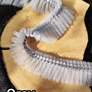 Pleated Tulle Ruffle Trim with Satin Ribbon Border: Ruffled Mesh Fabric Lace Trimming by the Yard, Balletcore Tutu Edging, Doll Dress Sewing Grey