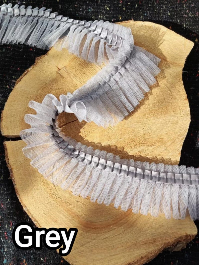 Pleated Tulle Ruffle Trim with Satin Ribbon Border: Ruffled Mesh Fabric Lace Trimming by the Yard, Balletcore Tutu Edging, Doll Dress Sewing Grey