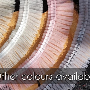 May include: Close-up of several rows of ruffled trim in various colors, including cream, gold, white, pink, and gray. The trim has a delicate, layered appearance. Text at the bottom reads "Other colours available".