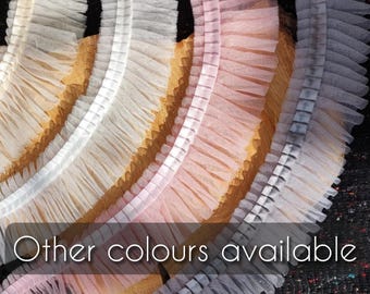 Pleated Tulle Ruffle Trim with Satin Ribbon Border: Ruffled Mesh Fabric Lace Trimming by the Yard, Balletcore Tutu Edging, Doll Dress Sewing