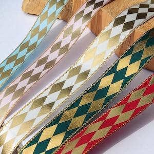Harlekin Satinband Meterware: 2,5 cm Breite Rautenmuster | Unwired Geometrische Golddruckkanten - Kunsthandwerk, Kostüm, Geschenkverpackung