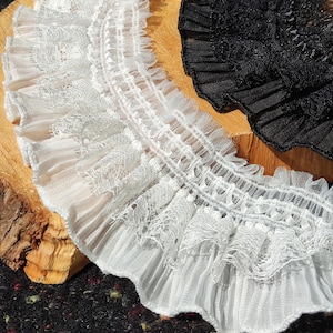 Rococo Pleated Chiffon Trim with Lace Layer- 9cm width Gathered Elastic Ruffle Border For Doll making, Costume, Upholstery, Hat