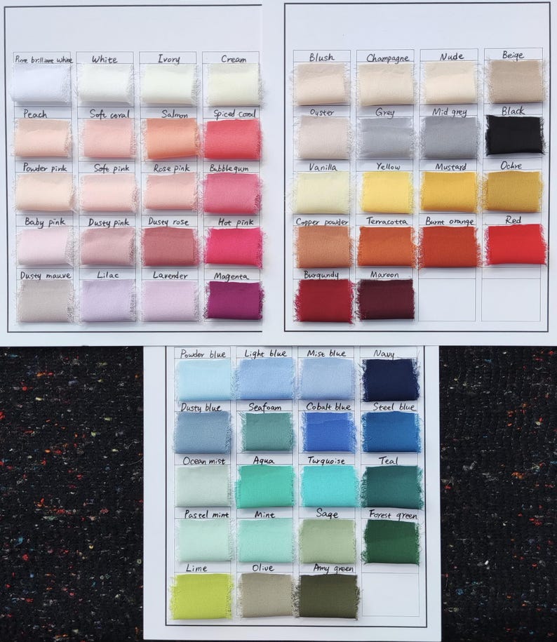 Puede incluir: Una carta de colores con tres cuadr&iacute;culas de muestras de tela con bordes deshilachados, cada una etiquetada con su nombre de color. La colecci&oacute;n incluye un amplio espectro de tonos que van desde blancos y rosas hasta naranjas, azules y verdes.