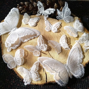 White Butterfly Lace Applique: Double Layered Organza Bridal Patch | Embroidered Sheer Sew on Motif for Wedding Veil, Gown Embellishment
