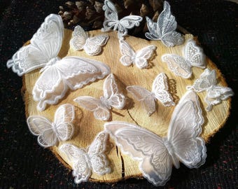 White Butterfly Lace Applique: Double Layered Organza Bridal Patch | Embroidered Sheer Sew on Motif for Wedding Veil, Gown Embellishment