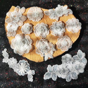 White Flower Lace Applique: Organza Layered Floral Sew on Patch | Embroidered Rose Motif with Sequin for Bridal Veil, Wedding Dress