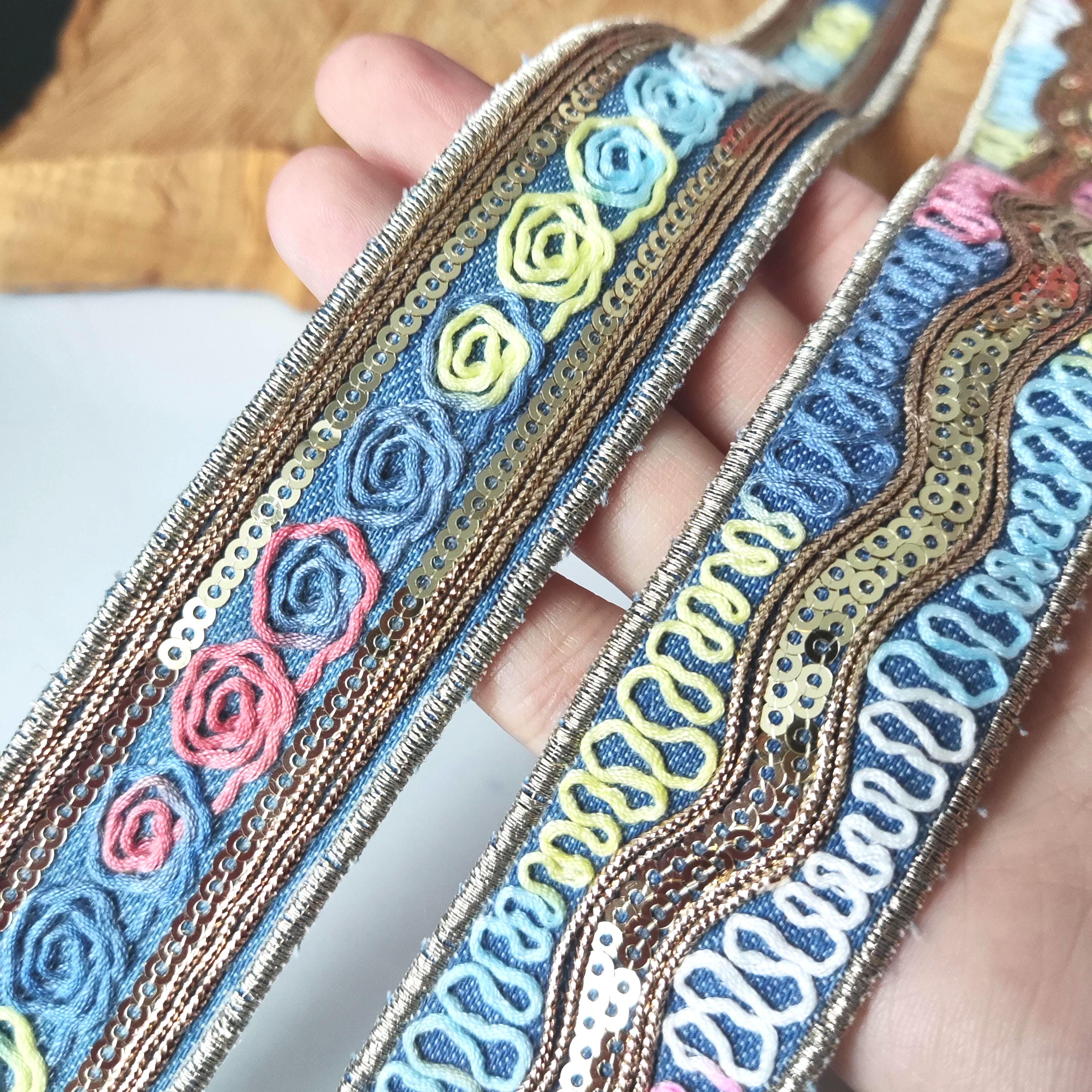Embroidered Denim Ribbon Trim by the Yard: Pastel Embroidery Sequin ...