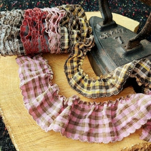 Rustic Gingham Fabric Trim by the Yard: Checked Lace Trim, Scalloped Tartan Sewing Lace Ribbon, Plaid Fabric Trimming, Scrunchie Ruffle Trim