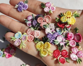 25 Tiny Embroidered Flower Appliques: 1.5cm width Colorful Small Floral Sew on Motif Embellishments