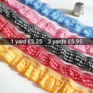 Ribete elástico de cuadros vichy cortado a medida: cinta de encaje elástico a cuadros de 2 cm / ribete con minivolantes / ribete elástico en color escolar