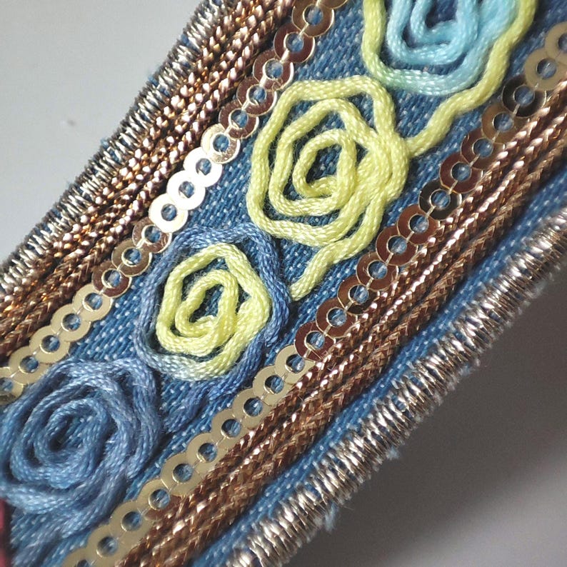 Embroidered Denim Ribbon Trim by the Yard: Pastel Embroidery Sequin ...