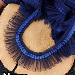 Pleated Tulle Ruffle Trim with Satin Ribbon Border: Ruffled Mesh Fabric Lace Trimming by the Yard, Balletcore Tutu Edging, Doll Dress Sewing Navy