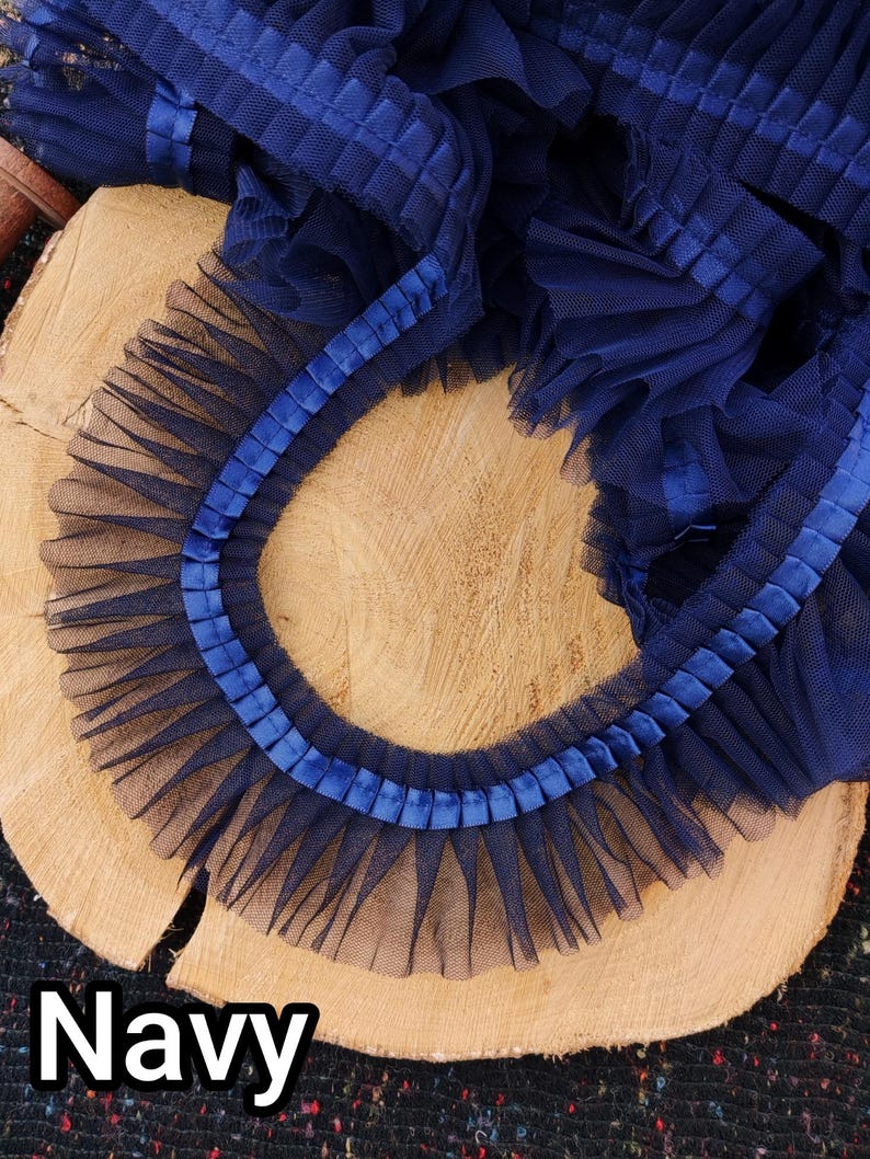 Pleated Tulle Ruffle Trim with Satin Ribbon Border: Ruffled Mesh Fabric Lace Trimming by the Yard, Balletcore Tutu Edging, Doll Dress Sewing Navy