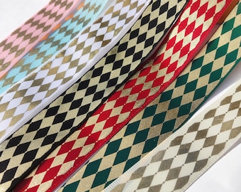Diamond Print Satin Ribbon by the Yard: 1" Width Fine Harlequin Pattern | Unwired Geometric Jester Design - Christmas Crafts, Theater Outfit