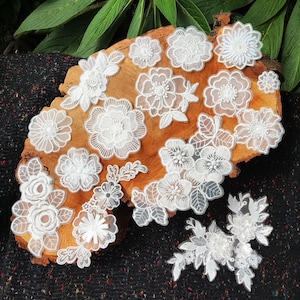 Peut inclure: Une collection d'applications florales en dentelle blanche présentant des pétales brodés complexes, des feuilles et des détails en maille délicats. Ces motifs en tissu varient en taille et en forme, avec des coutures détaillées.
