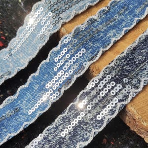 Distressed Denim Ribbon Trim: 25mm with Sequin, Embroidered Scallop Edge - Per Yard