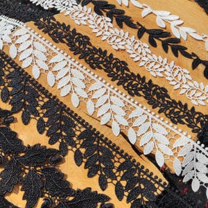 Può includere: Una collezione di nastri in pizzo decorativo con intricati motivi a foglie e viticci. L'assortimento include disegni in pizzo bianco e nero, con alcune strisce che presentano un delicato dettaglio con bordo perlato lungo la lunghezza del tessuto.