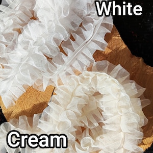 Pu&ograve; includere: Due rotoli di nastro in tulle arricciato, uno bianco e uno color crema. Il tessuto in rete fine e trasparente &egrave; raccolto in fitte pieghe ondulate lungo un bordo centrale. Il testo White &egrave; posizionato vicino al rotolo superiore, Cream a quello inferiore.