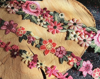 Bold Floral Embroidered Trim by the Yard- Boho Flower Ribbon | Red Lace Border for Sewing, Costume, Home Decor