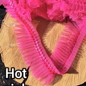 Pleated Tulle Ruffle Trim with Satin Ribbon Border: Ruffled Mesh Fabric Lace Trimming by the Yard, Balletcore Tutu Edging, Doll Dress Sewing Hot pink