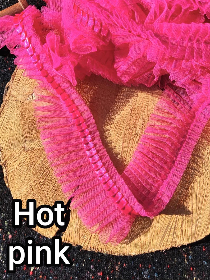 Pleated Tulle Ruffle Trim with Satin Ribbon Border: Ruffled Mesh Fabric Lace Trimming by the Yard, Balletcore Tutu Edging, Doll Dress Sewing Hot pink