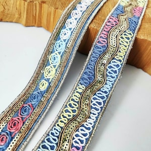 Nastro di denim ricamato tagliato su misura: bordatura con nastro di paillettes ricamato pastello / fascia per cappello da festival fai da te, bordo scintillante per jeans, borsa, cintura